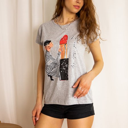 Light gray cotton women's T-shirt with a color print - Clothing