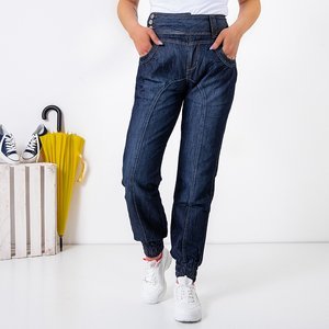 Navy blue women's jeans with elastic on the legs - Clothing