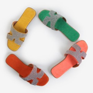Neon-orange women's slippers with Haviva ornaments - Footwear