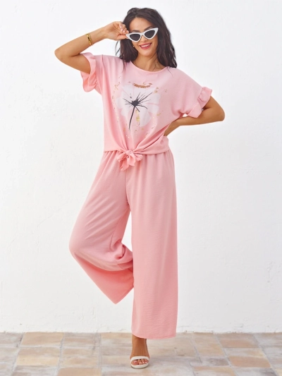Royalfashion Women's casual set with a short-sleeved blouse and wide pants