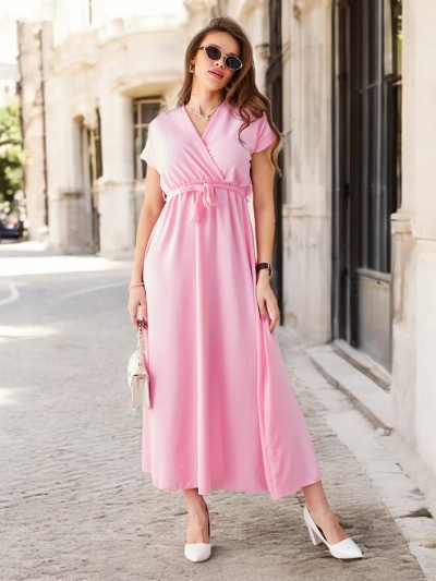 Royalfashion Women's midi dress with a wrap neckline, short sleeves, and a belt