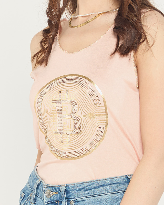 Women's top with golden print in light pink color - Clothing