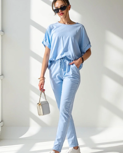 Royalfashion Sieviešu kokvilnas komplekts ar īsajām piedurknēm un taisnām biksēm