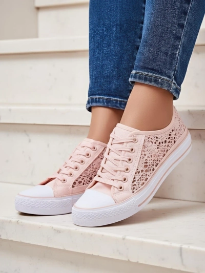 Kalipso Pink Women's Fabric Sneakers – Openwork Flat Sneakers