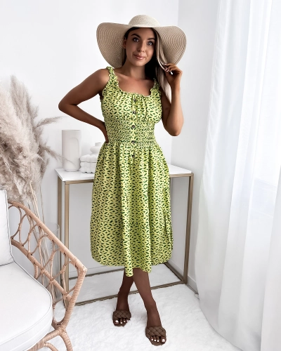 Women's knee-length dress with print in green- Clothing