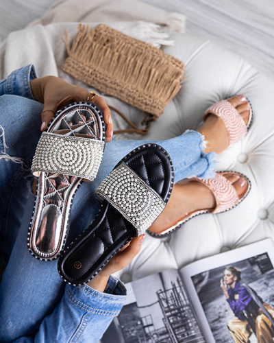 OUTLET Women's silver slippers with Ahaio decorations - Footwear