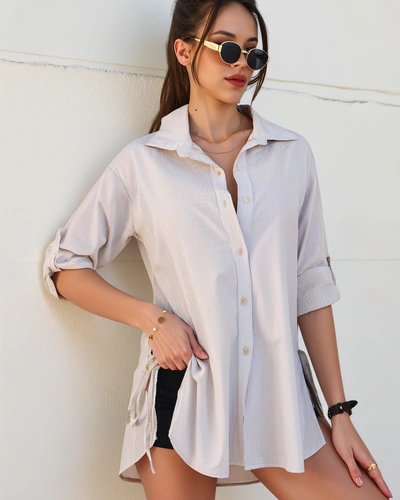 Royalfashion Longer women's striped cotton shirt with a tie at the waist