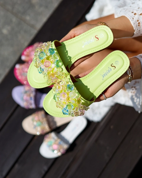 Royalfashion Neon green women's flip-flops with colorful crystals Bling Breeze