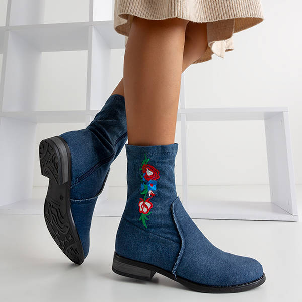 Navy blue flat heel boots with Muraja embroidery - Footwear