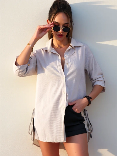 Royalfashion Longer women's striped cotton shirt with a tie at the waist