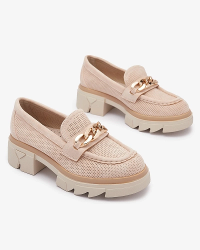 Мокасины из эко-замши с золотым декором бежевого цвета Zaffix- Footwear