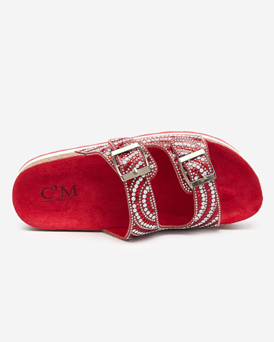 Women's slippers with cubic zirconia in red Lalud-Shoes