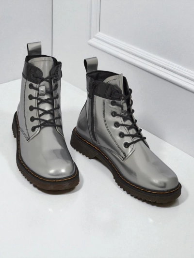 Women's Silver Celestina Eco Patent Leather Ankle Boots with Zipper