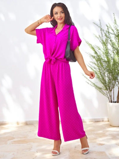 Royalfashion Women's set with a tied short-sleeve shirt and flared pants with rhinestones