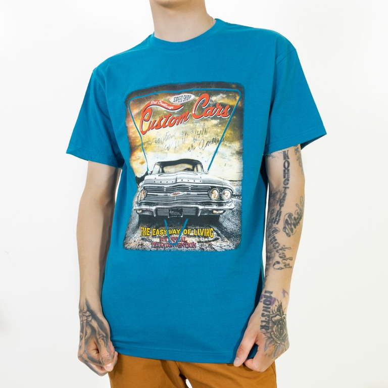 Turquoise Cotton Men's Car-Print T-Shirt - Clothing