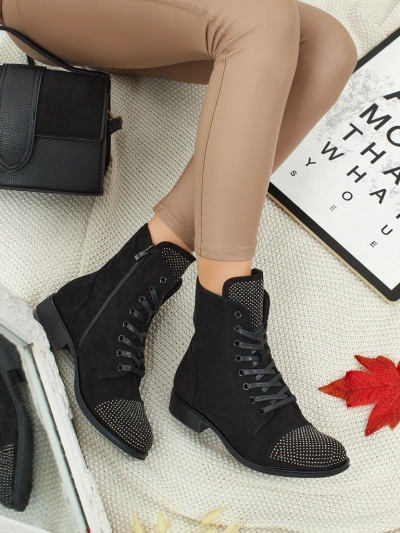 Eco-suede laced women's ankle boots with zircons Marvelli