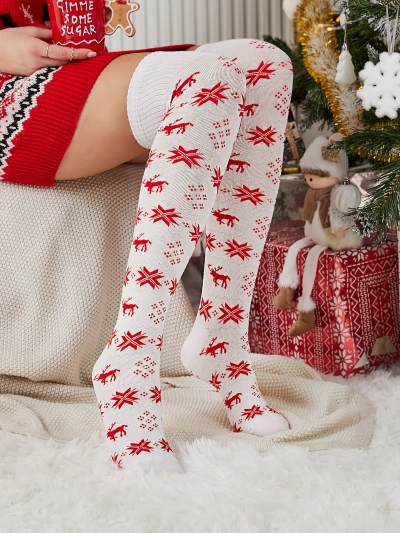 Royalfashion Women's Christmas over-the-knee socks in white