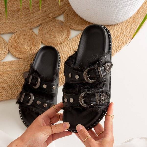 OUTLET Black slippers with buckles Giza -Shoes