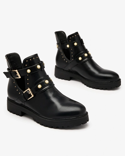 Royalfashion Melni sieviešu zābaki melnā krāsā ar rotājumiem Pērļu elegance