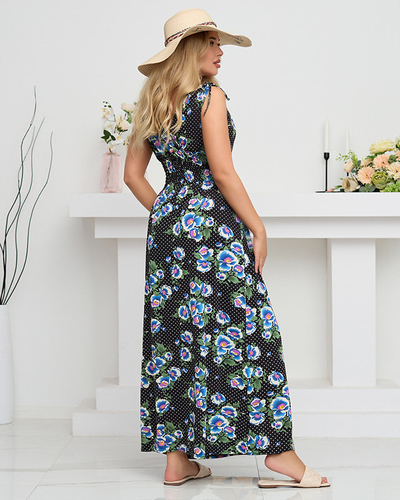 Women's black maxi dress with blue flowers - Clothing