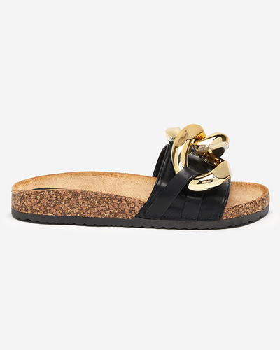 Ariadne Royalfashion summer flip-flops with a large gold chain, black leather