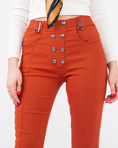 Brown women's fabric treggings with decorative buttons - Clothing