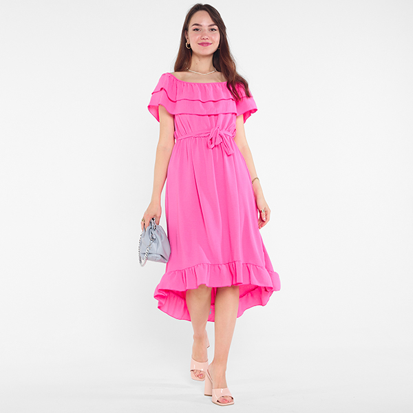 Fuchsia ladies dress with frills - Clothing