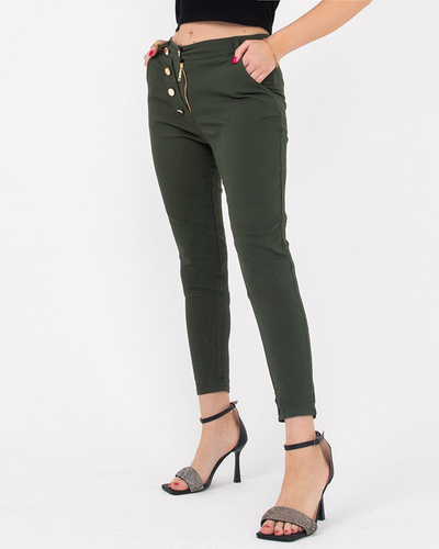 Women's green fabric pants with decorative buttons - Clothing