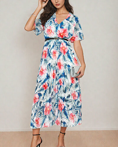 Royalfashion Sieviešu plisēta puķaina midi kleita