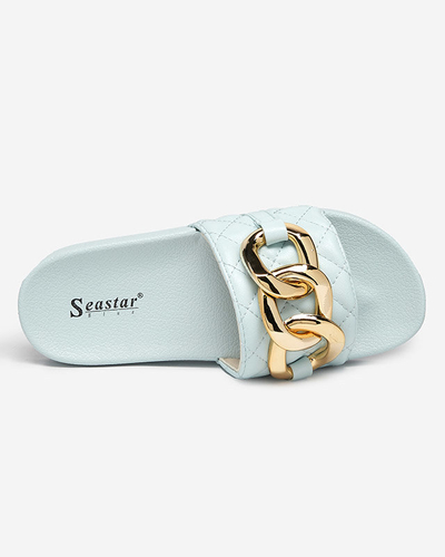 OUTLET Blue women's quilted slippers with a gold chain Eteris - Footwear