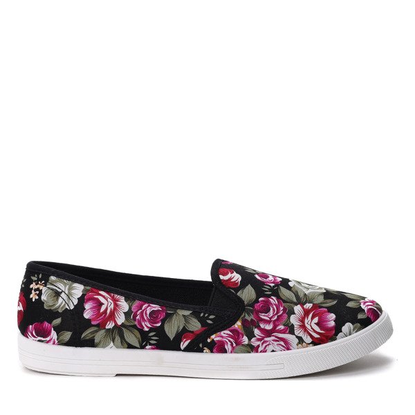 Czarne tenisówki typu slip on w kwiaty - Obuwie