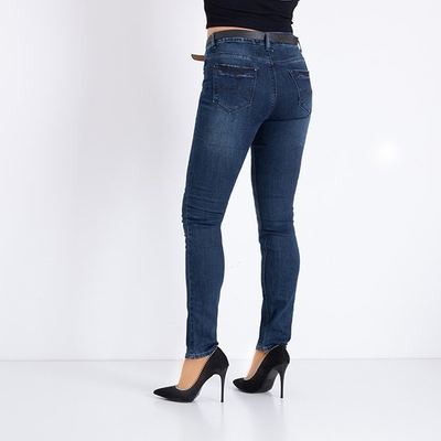 Navy blue women's denim jeans with belt - Clothing