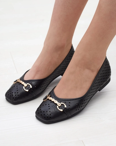 Black women's openwork ballerinas with gold ornament Serilla- Footwear