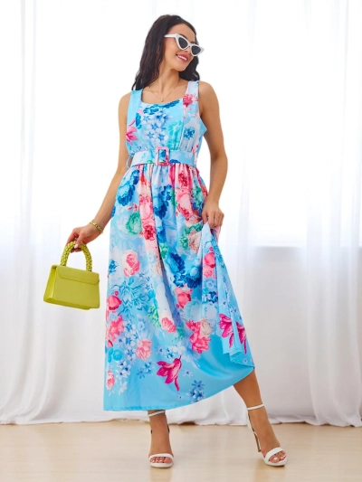 Royalfashion Sieviešu viskozes midi kleita ar siksnām, ar jostu dažādos ziedu rakstos