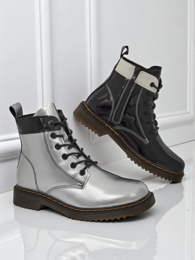 Women's Silver Celestina Eco Patent Leather Ankle Boots with Zipper