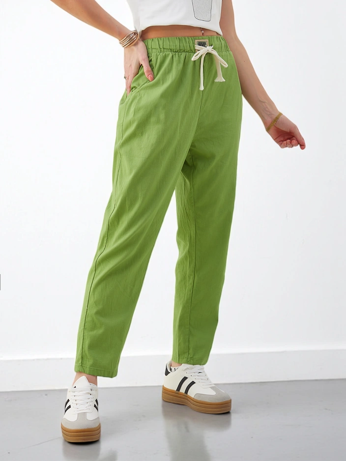 Royalfashion Women's plain cotton trousers with a tie at the waist