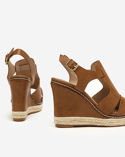OUTLET Light brown women's sandals on a high wedge heel Clack - Footwear