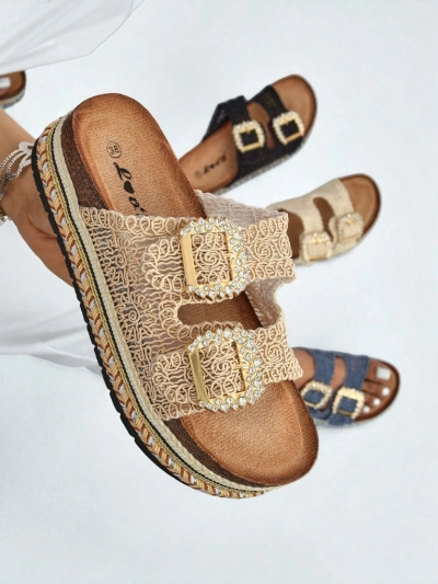 Royalfashion Women's sandals with rhinestone buckles GlamCork