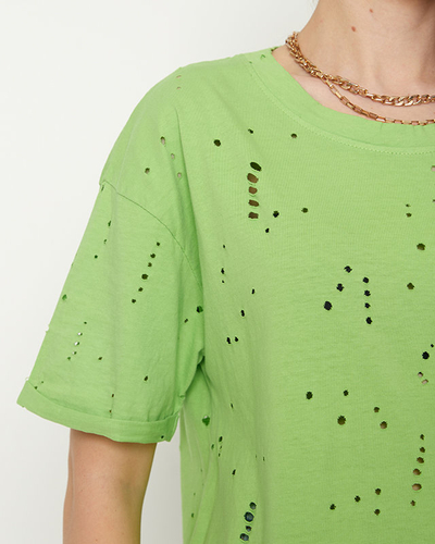 Green cotton women's t-shirt with decorative holes - Clothing