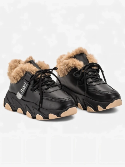 Black women's sports sneakers with fur Nonua- Footwear