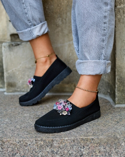 Royalfashion Black women's fabric moccasins with crystals Fezens