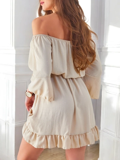 Royalfashion Sieviešu mini kleita bez plecu siksnām ar garām piedurknēm un Swarovski akmeņiem