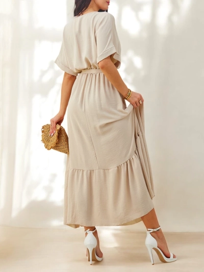 Royalfashion Sieviešu midi kleita ar īsām piedurknēm un dekoratīviem pogām