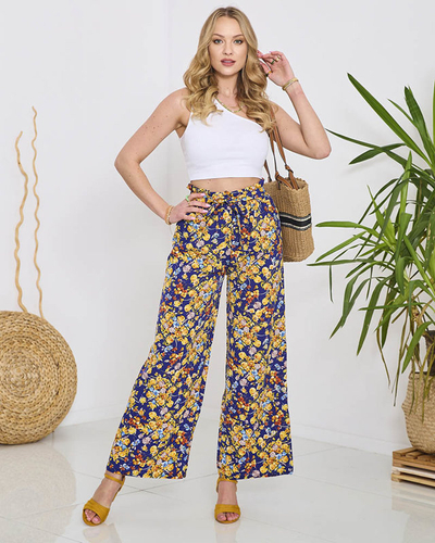 Women's blue palazzo pants with navy blue flowers- Clothing