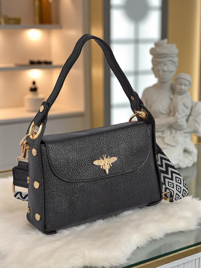 Black Livia women's eco-leather handbag with Art Deco style decoration