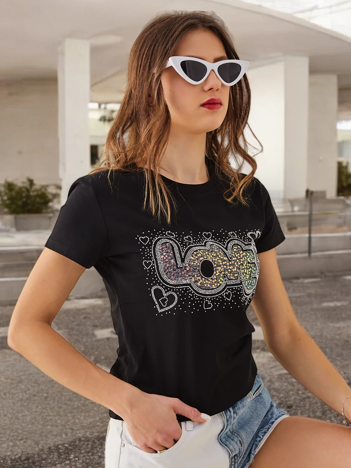 Royalfashion Kokvilnas Sieviešu T-krekls MĪLESTĪBA ar rhinestones