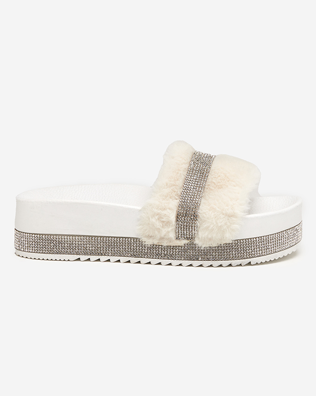 White women's slippers with fur and cubic zirconia Zerika - Footwear