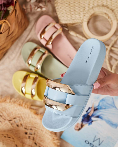 Zilas sieviešu čības ar zeltainu Serina ornamentu - Apavi