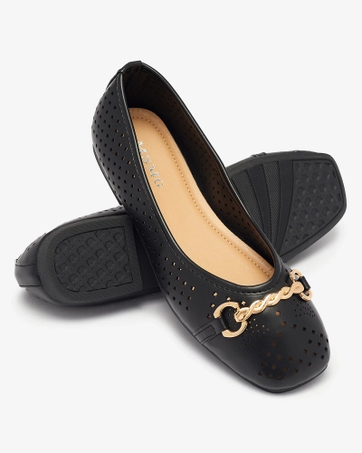 Black women's openwork ballerinas with gold ornament Serilla- Footwear