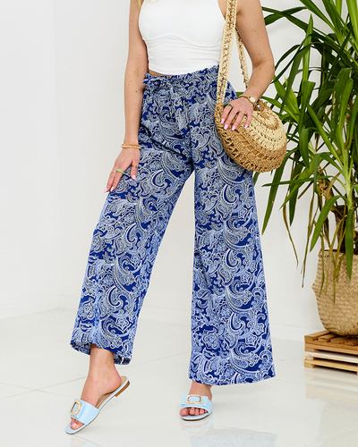 Navy blue women's fabric pants with print- Clothing